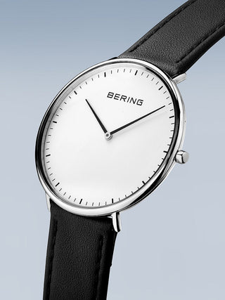 Angle shot of Bering 15739-404 White Dial Black Leather Unisex Watch on white background