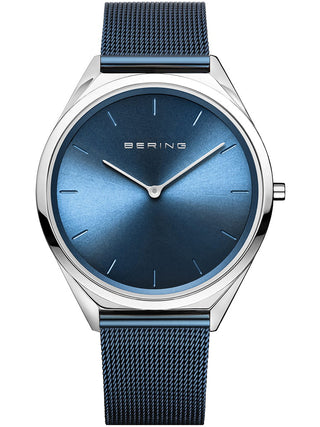 Front view of Bering 17039-307 Blue Stainless Steel Unisex Watch on white background