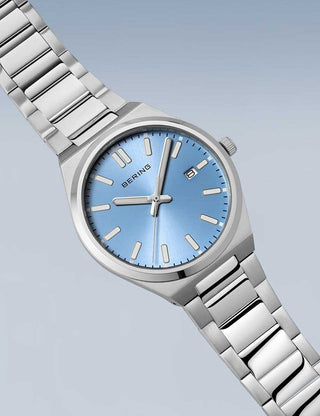 Angle shot of Bering 17639-707 Blue Dial Silver Stainless Steel Unisex Watch on white background