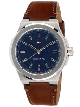 Angle shot of Tommy Hilfiger 1791645 Blue Dial Brown Leather Unisex Watch on white background