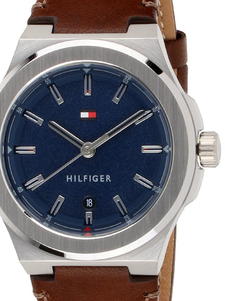 Angle shot of Tommy Hilfiger 1791645 Blue Dial Brown Leather Unisex Watch on white background