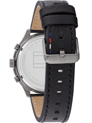 Angle shot of Tommy Hilfiger 1791856 Green Dial Black Leather Unisex Watch on white background