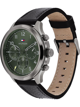 Angle shot of Tommy Hilfiger 1791856 Green Dial Black Leather Unisex Watch on white background