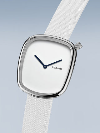 Angle shot of Bering 18034-007 White Textile Womens Watch on white background