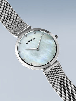 Angle shot of Bering 18132-004 Mother Of Pearl Dial Silver Stainless Steel Womens Watch on white background