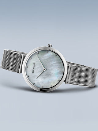 Angle shot of Bering 18132-004 Mother Of Pearl Dial Silver Stainless Steel Womens Watch on white background