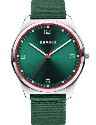 Front view of Bering 18342-508 Green Textile Unisex Watch on white background