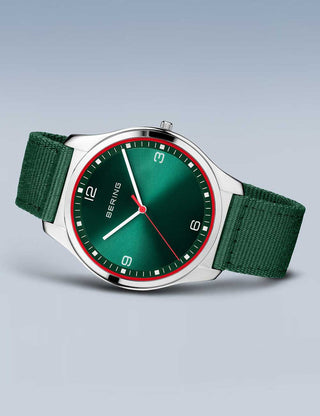 Angle shot of Bering 18342-508 Green Textile Unisex Watch on white background