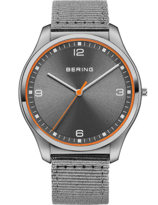 Front view of Bering 18342-577 Grey Textile Unisex Watch on white background