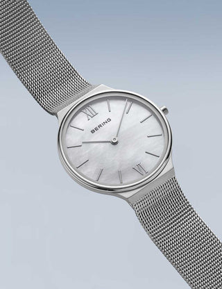 Angle shot of Bering 18434-000 Mother Of Pearl Dial Silver Stainless Steel Womens Watch on white background