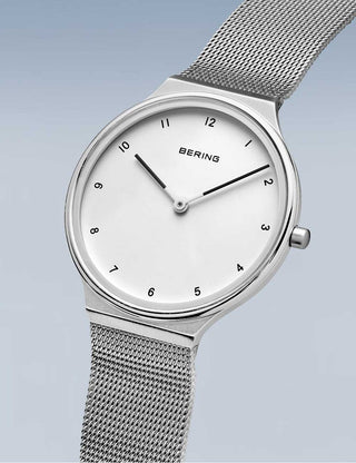 Angle shot of Bering 18434-004 White Dial Silver Stainless Steel Womens Watch on white background