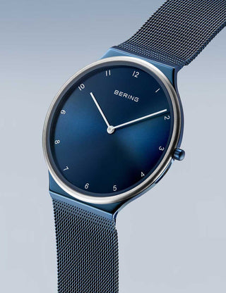 Angle shot of Bering 18440-397 Blue Stainless Steel Unisex Watch on white background