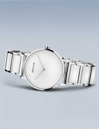 Angle shot of Bering 18535-754 White Dial Silver Strap Womens Watch on white background