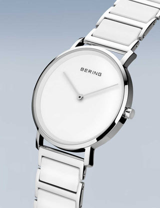 Angle shot of Bering 18535-754 White Dial Silver Strap Womens Watch on white background