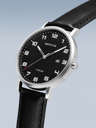 Angle shot of Bering 18640-402 Black Leather Unisex Watch on white background