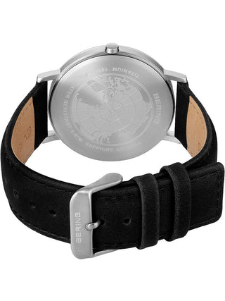 Angle shot of Bering 18640-404 White Dial Black Leather Unisex Watch on white background