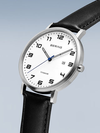 Angle shot of Bering 18640-404 White Dial Black Leather Unisex Watch on white background