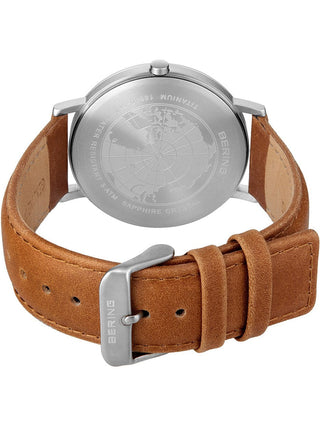 Angle shot of Bering 18640-567 Blue Dial Brown Leather Unisex Watch on white background