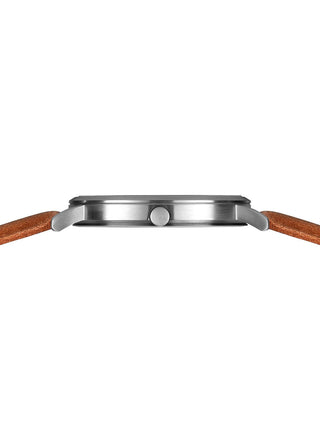 Angle shot of Bering 18640-567 Blue Dial Brown Leather Unisex Watch on white background