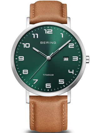 Front view of Bering 18640-568 Green Dial Brown Leather Unisex Watch on white background