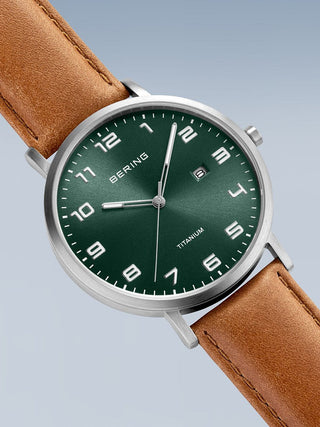 Angle shot of Bering 18640-568 Green Dial Brown Leather Unisex Watch on white background