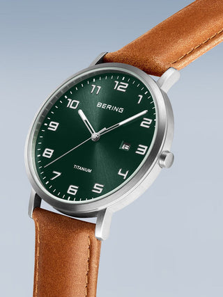 Angle shot of Bering 18640-568 Green Dial Brown Leather Unisex Watch on white background