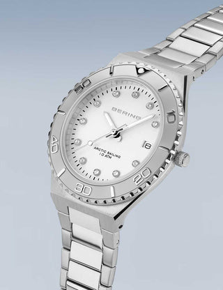 Angle shot of Bering 18936-704 Silver Stainless Steel Womens Watch on white background