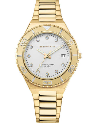 Front view of Bering 18936-734 White Dial Gold Stainless Steel Womens Watch on white background