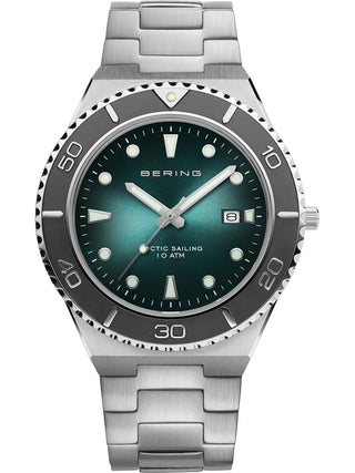 Front view of Bering 18940-708 Green Dial Silver Stainless Steel Unisex Watch on white background