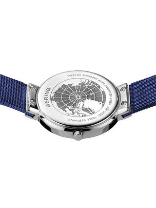 Angle shot of Bering 19031-307 Blue Stainless Steel Womens Watch on white background