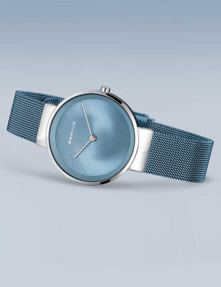 Angle shot of Bering 19031-308 Blue Stainless Steel Womens Watch on white background