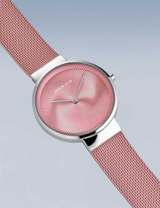 Angle shot of Bering 19031-989-GWP Pink Stainless Steel Womens Watch on white background