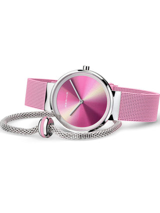 Angle shot of Bering 19031-999-GWP Pink Stainless Steel Womens Watch on white background