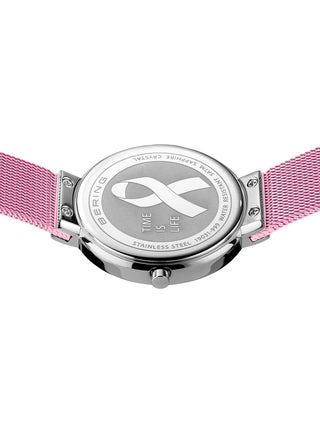 Angle shot of Bering 19031-999-GWP Pink Stainless Steel Womens Watch on white background