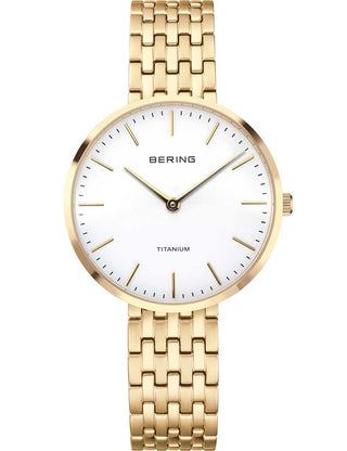 Front view of Bering 19334-334 White Dial Gold Titanium Womens Watch on white background