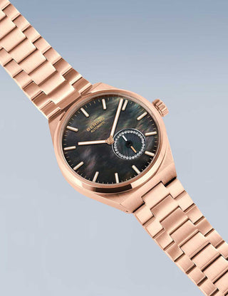 Angle shot of Bering 19435-762 Black Dial Rose Gold Stainless Steel Womens Watch on white background