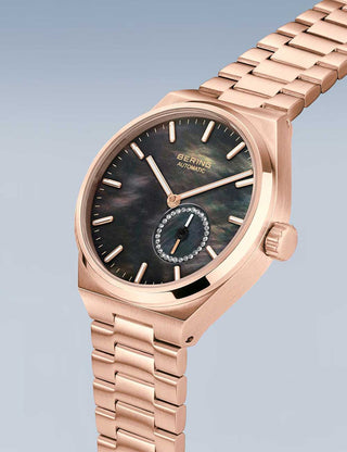 Angle shot of Bering 19435-762 Black Dial Rose Gold Stainless Steel Womens Watch on white background