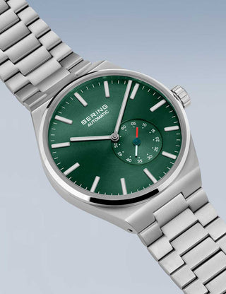 Angle shot of Bering 19441-708 Green Dial Silver Stainless Steel Unisex Watch on white background