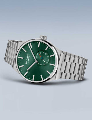 Angle shot of Bering 19441-708 Green Dial Silver Stainless Steel Unisex Watch on white background