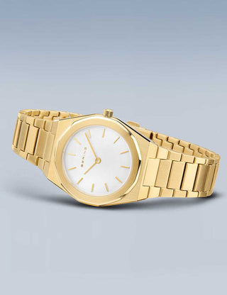 Angle shot of Bering 19632-730 White Dial Gold Stainless Steel Womens Watch on white background