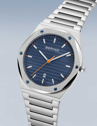 Angle shot of Bering 19742-707 Blue Dial Silver Stainless Steel Unisex Watch on white background