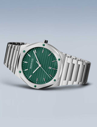 Angle shot of Bering 19742-708 Green Dial Silver Stainless Steel Unisex Watch on white background