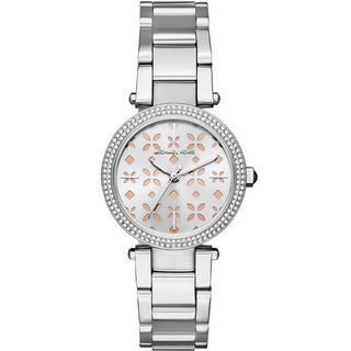 Front view of Michael Kors Parker MK6483 Silver Stainless Steel Womens Watch on white background