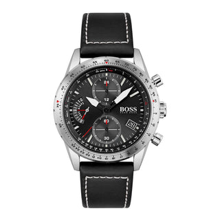 Front view of Hugo Boss Chronograph 1513853 Black Leather Mens Watch on white background