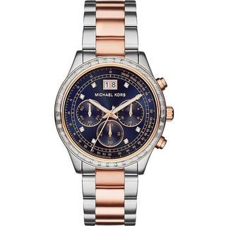 Front view of Michael Kors Brinkley MK6205 Blue Dial Stainless Steel Womens Watch on white background