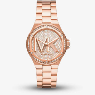 Front view of Michael Kors Lennox MK7230 Rose Gold Stainless Steel Womens Watch on white background