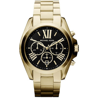 Front view of Michael Kors Bradshaw MK5739 Black Dial Gold Stainless Steel Womens Watch on white background