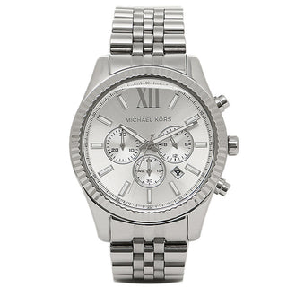 Front view of Michael Kors Lexington Chronograph MK8405 Silver Stainless Steel Mens Watch on white background