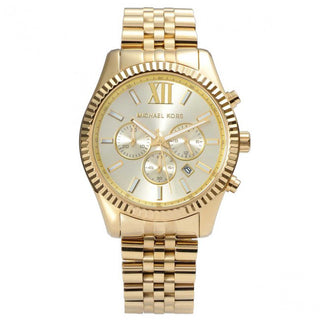 Front view of Michael Kors Lexington MK8281 Beige Dial Gold Stainless Steel Mens Watch on white background