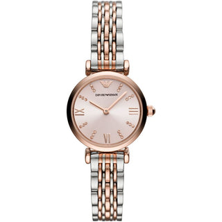 Front view of Emporio Armani Gianni T Bar AR11223 Pink Dial Two Tone Stainless Steel Womens Watch on white background